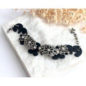 Faux Black Leather Boho Gemstone Silver T Adjustable Vintage Bracelet - 7" - 9"